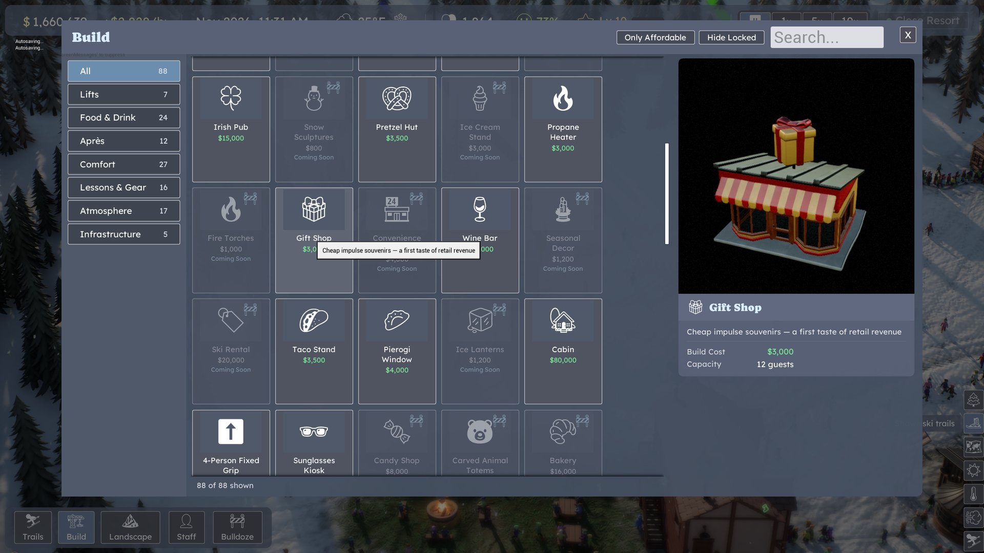 The in-game build catalog with dozens of buildings and a 3D preview