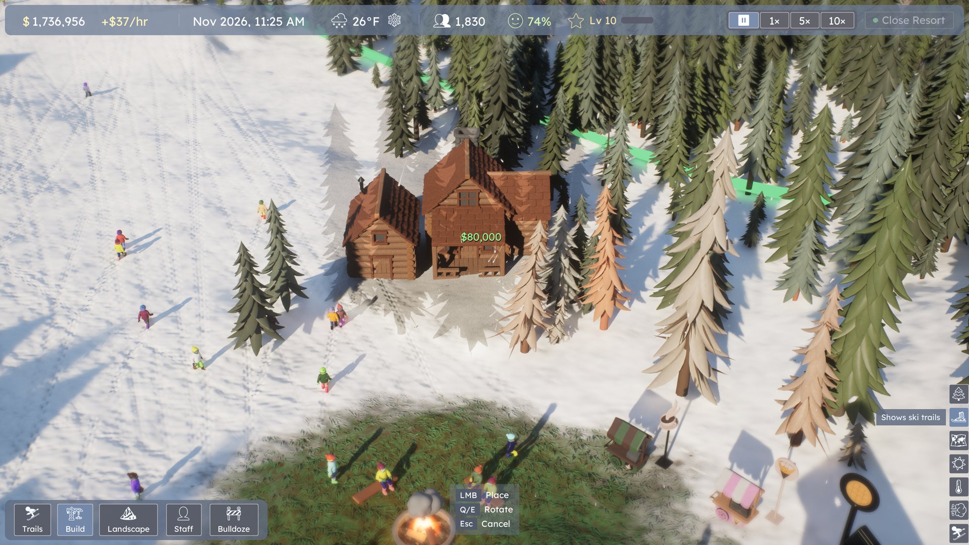 Placing a slopeside lodge while guests ski past