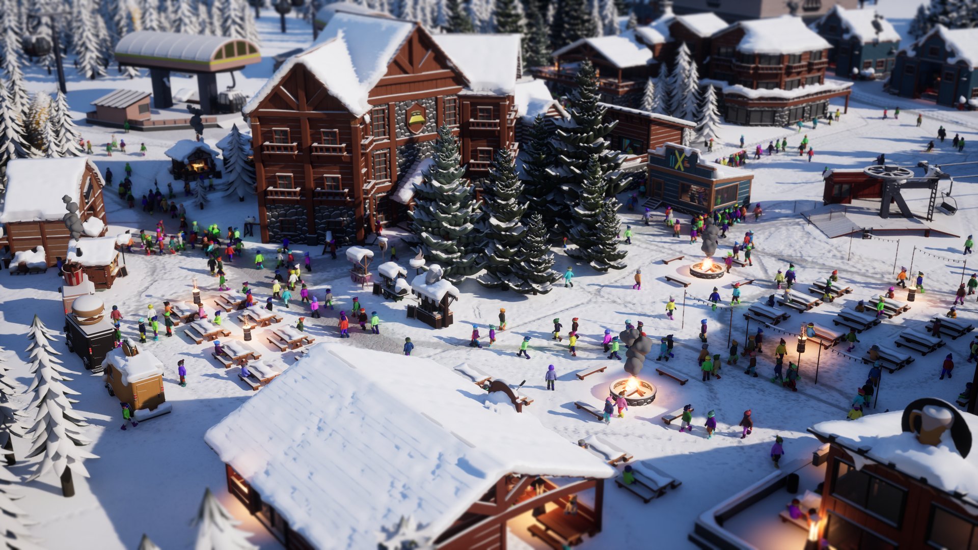 A busy base village with lodges, fire pits, and crowds of guests