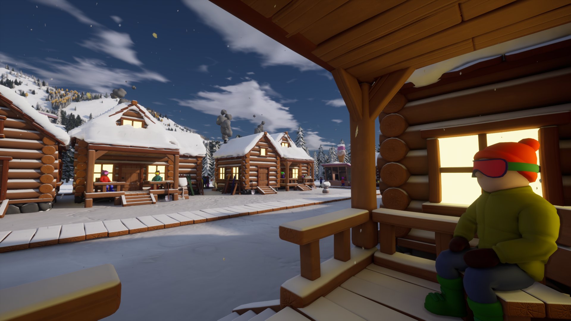 A guest resting on a cabin porch at dusk