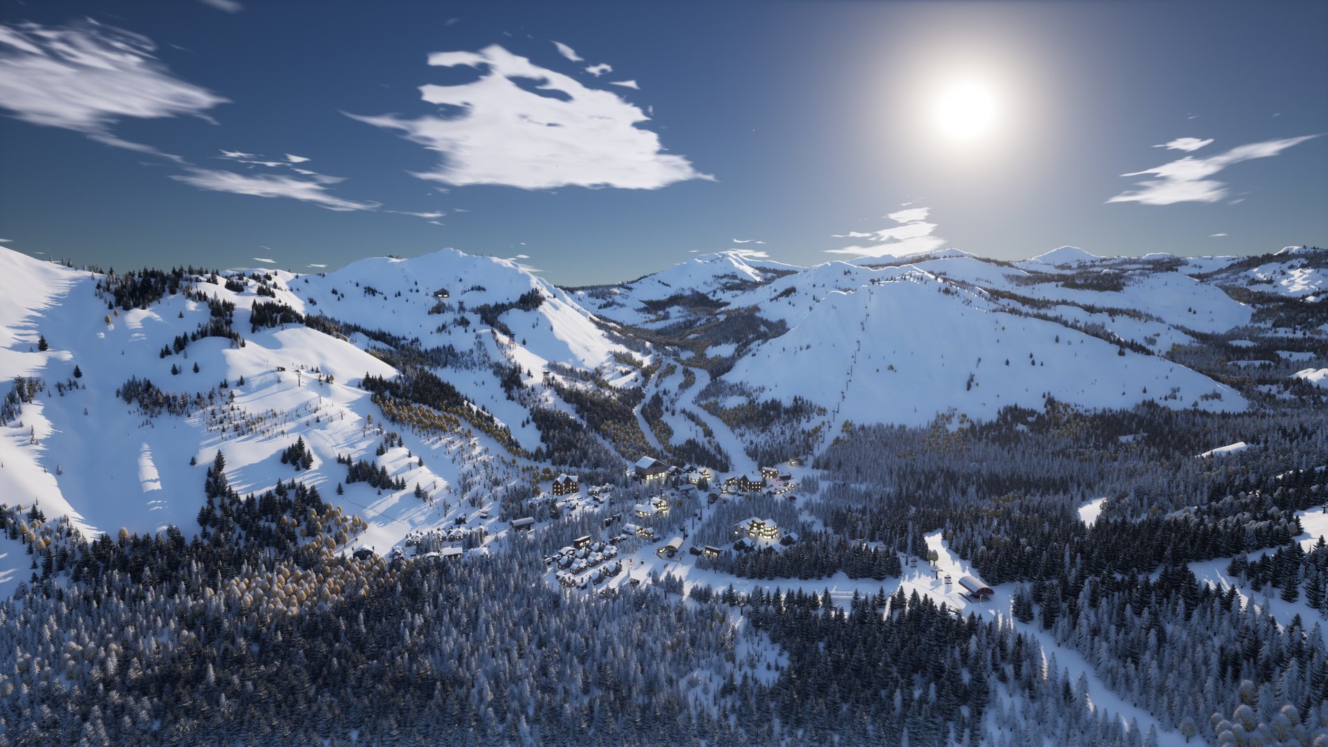 An aerial view of the resort under a bright sun