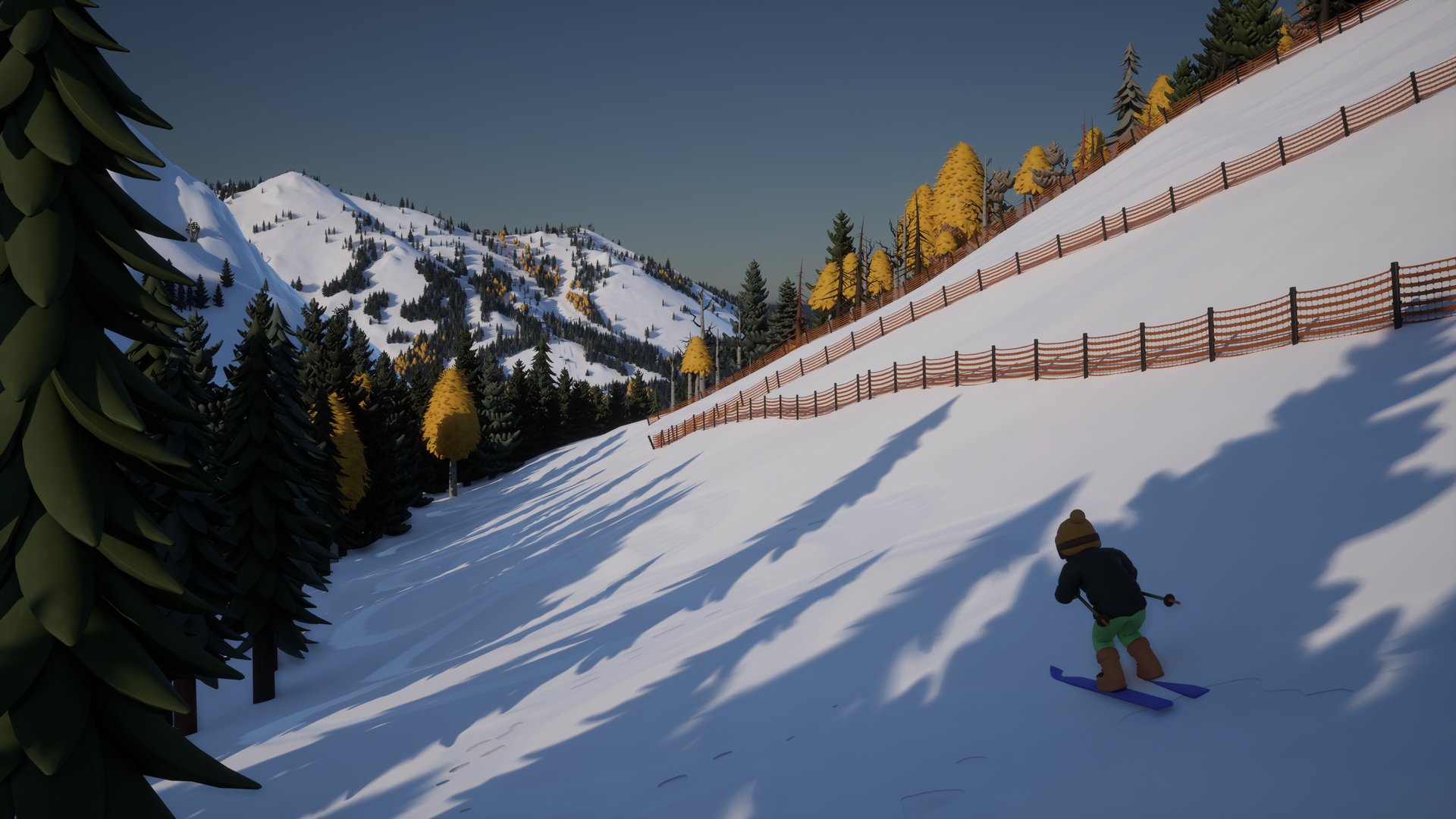 A guest traversing a slope beside golden larches