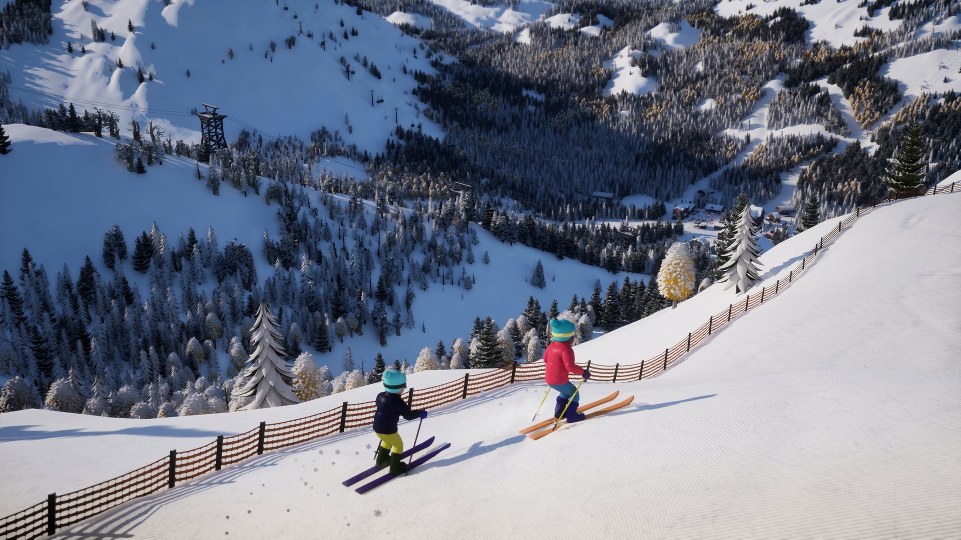 Two guests skiing along a fence line