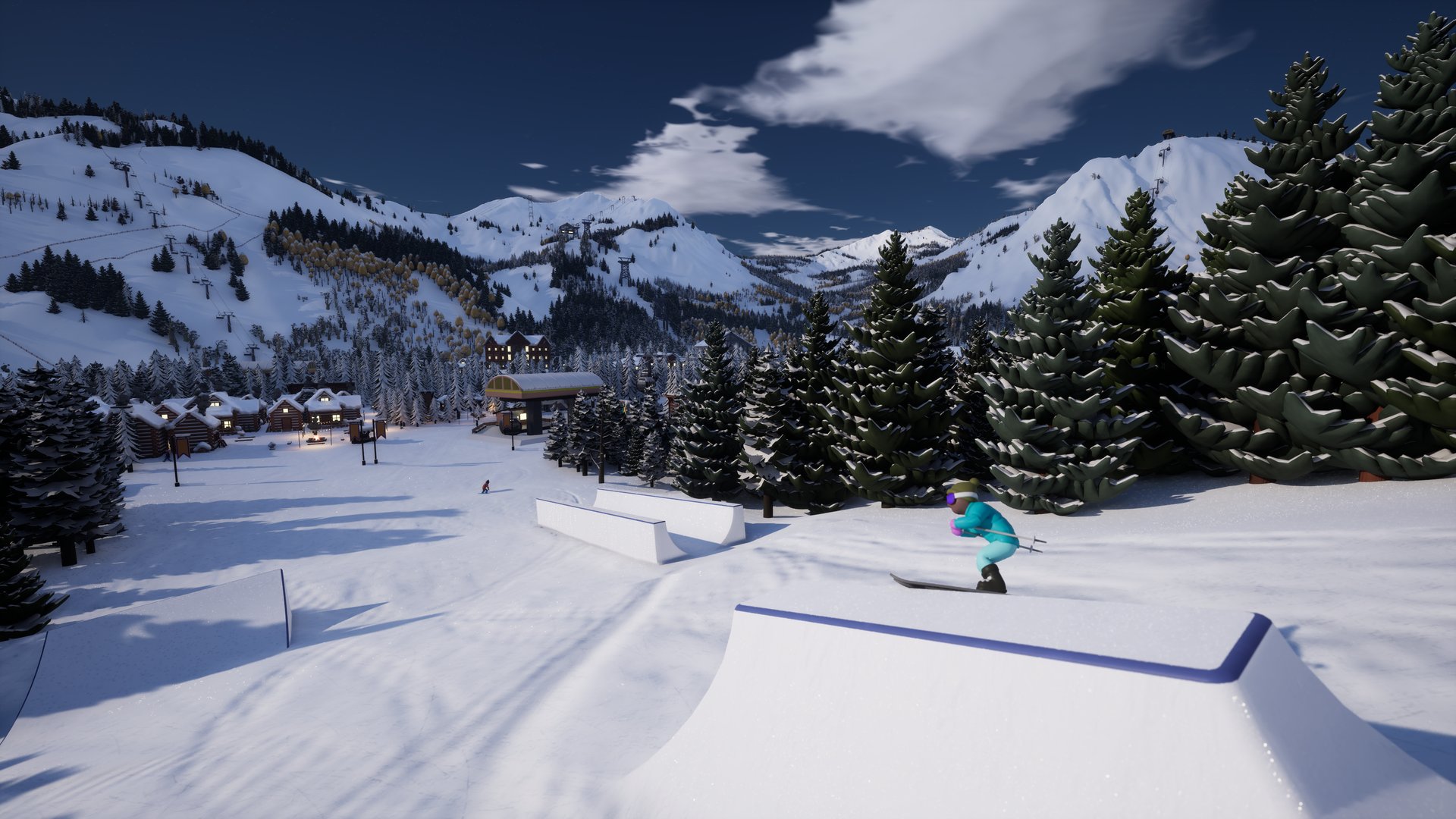 A skier sliding a terrain park box