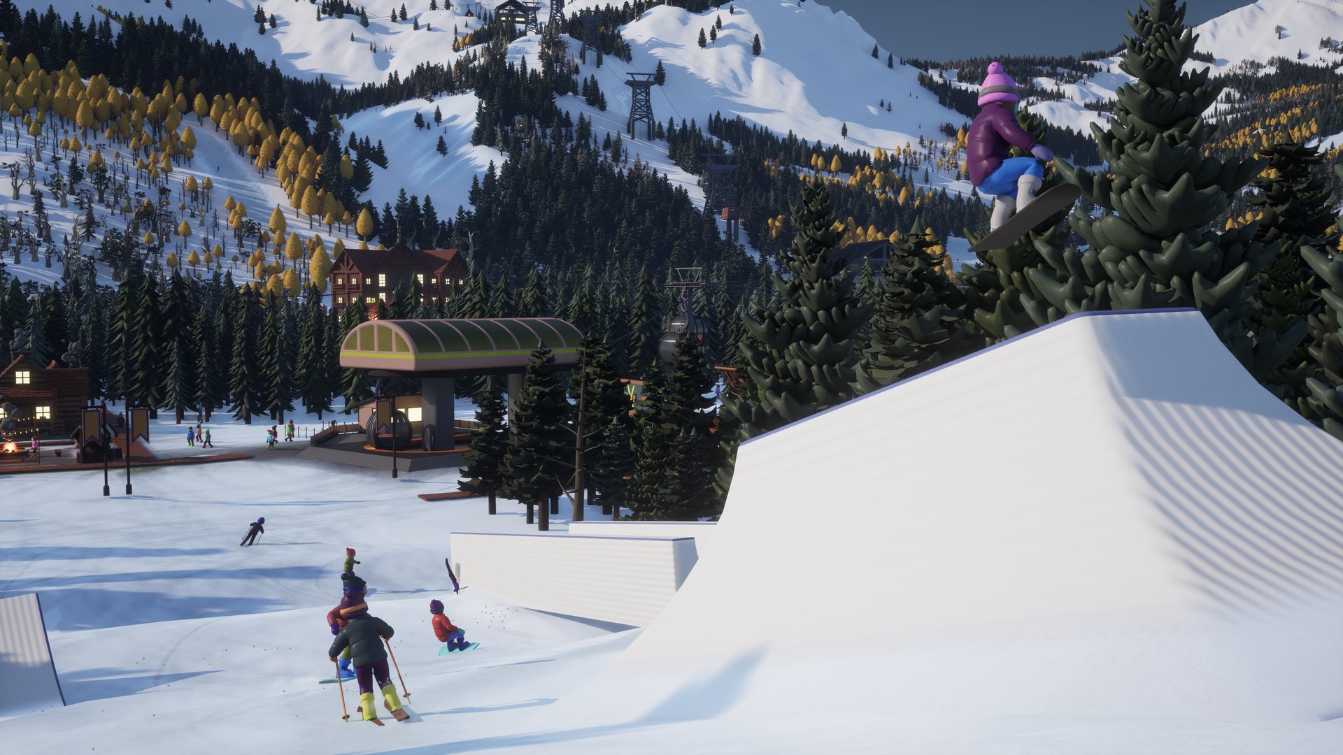 A snowboarder catching air off a terrain park kicker