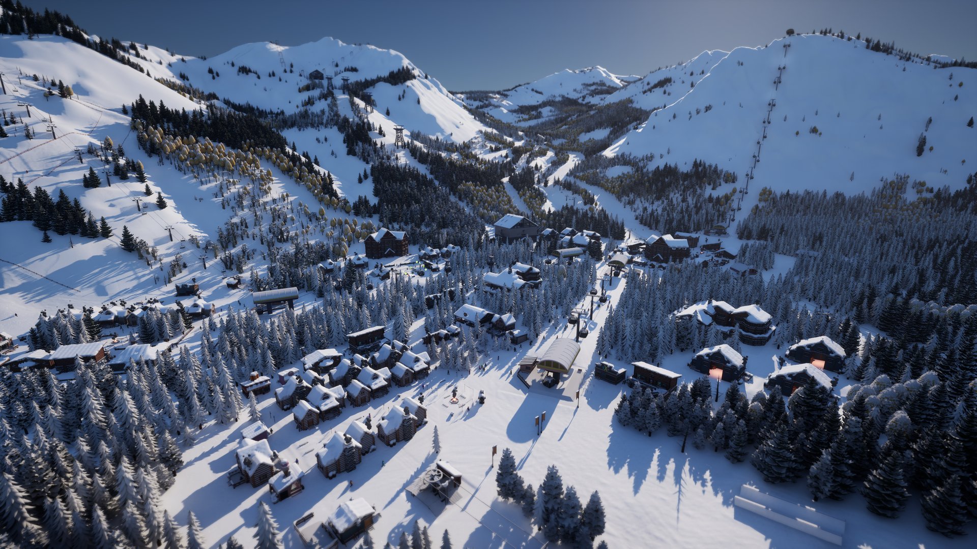 An aerial view of the valley and ski runs