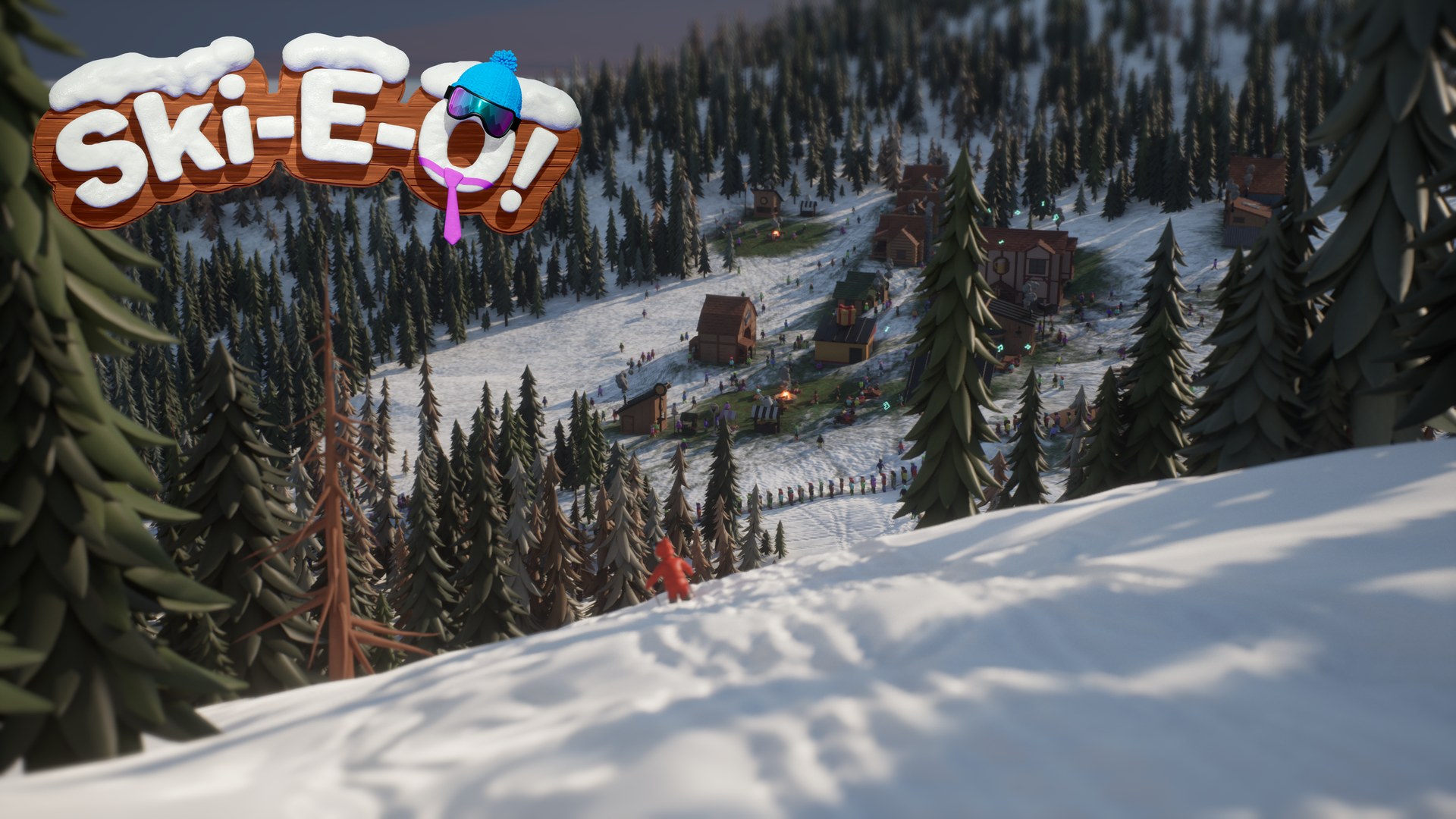 Ski-E-O! key art over a snowy slope and resort village