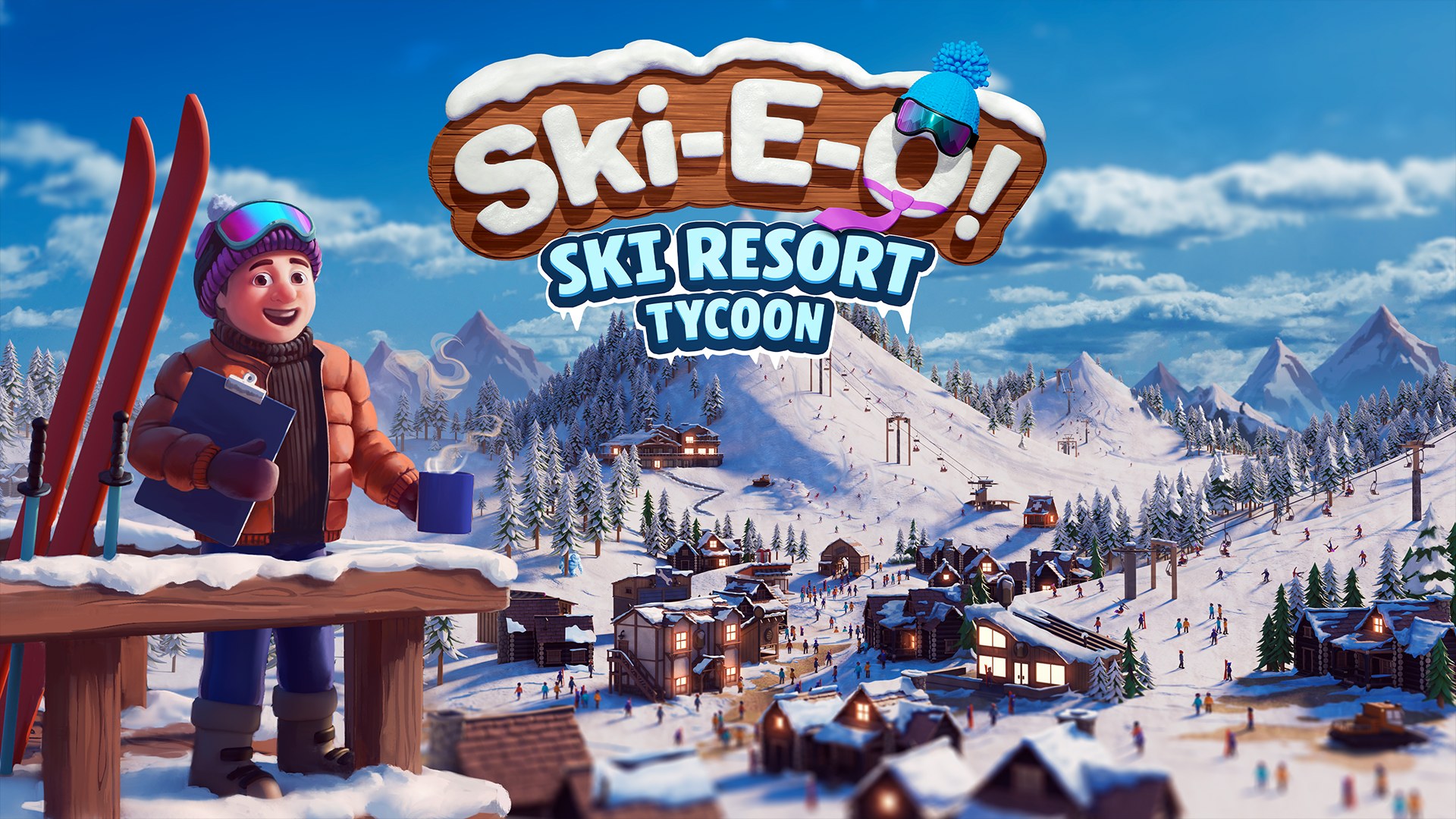 Ski-E-O! key art: a resort manager overlooking a sunset ski village