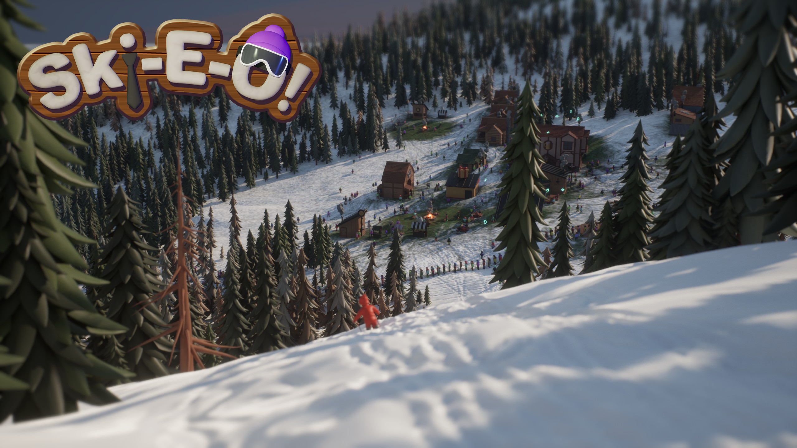 Ski-E-O! key art over a snowy slope and resort village
