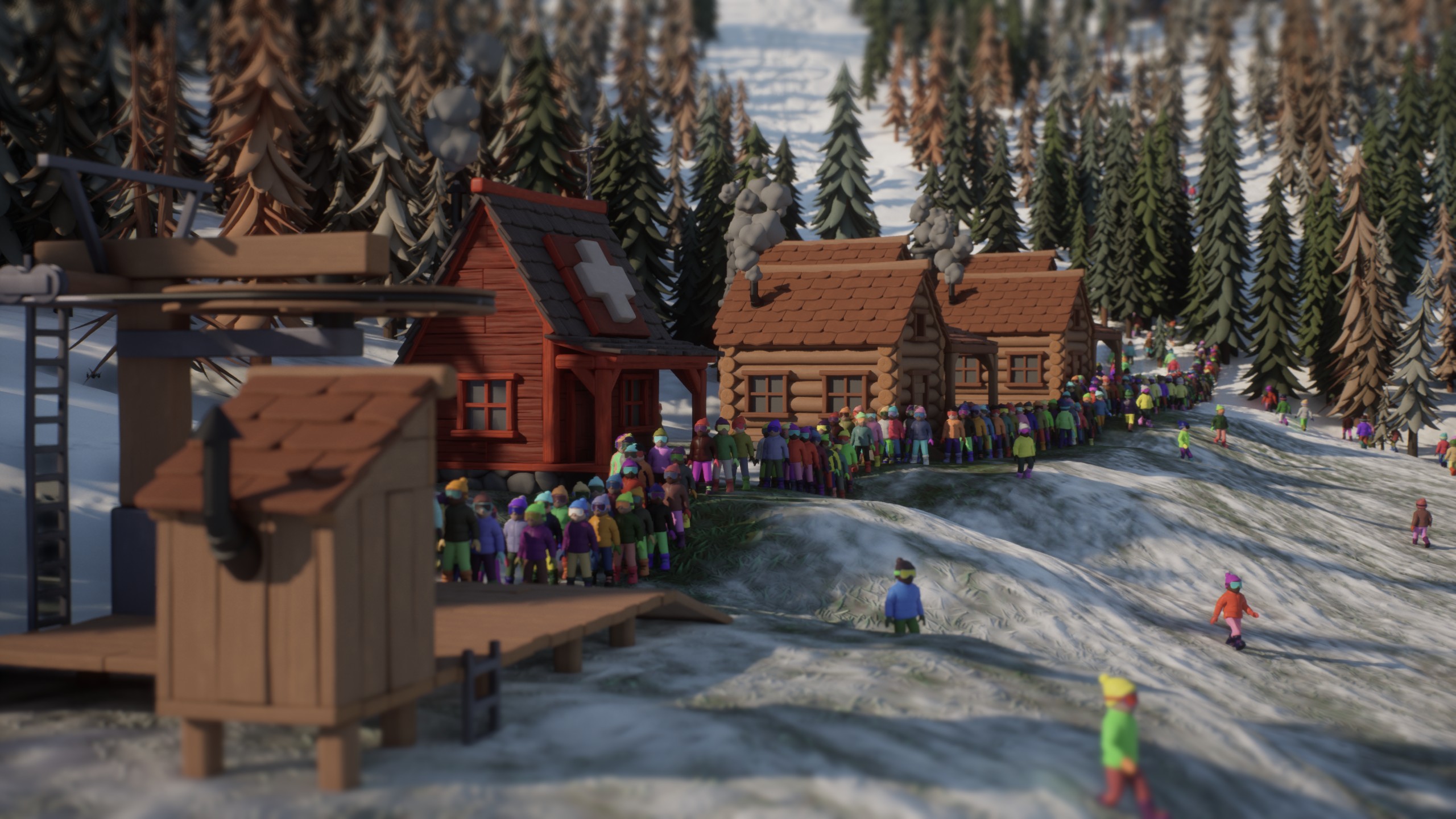 A long, colorful lift queue snaking past cabins