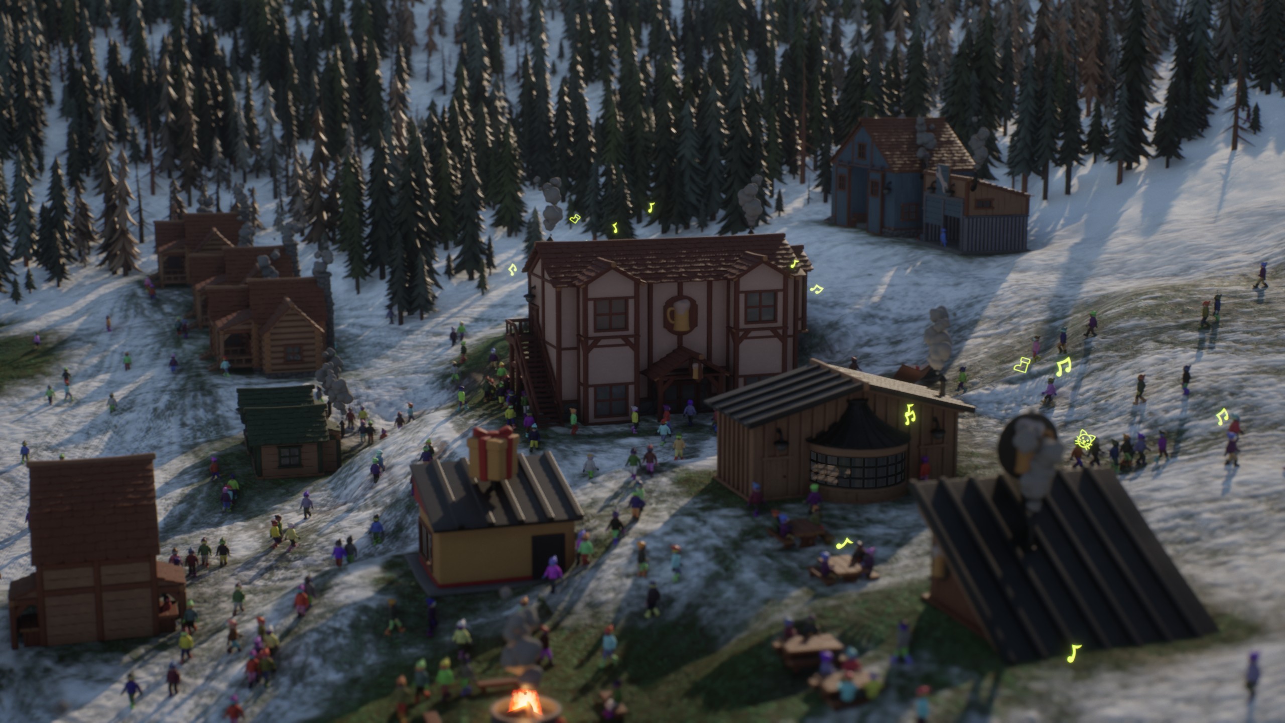 A bustling resort village in golden afternoon light