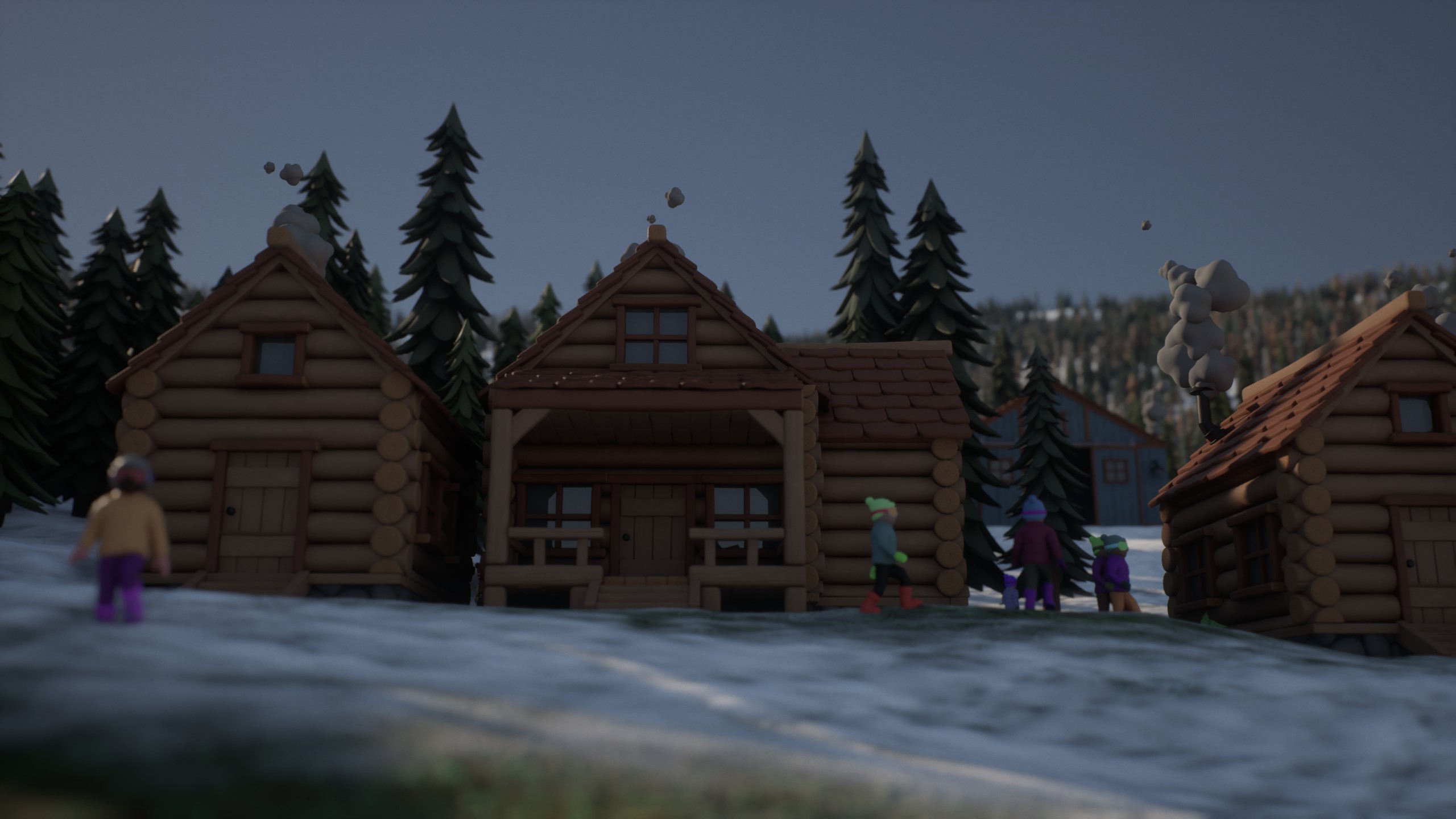 Slopeside log cabins with chimney smoke at dusk