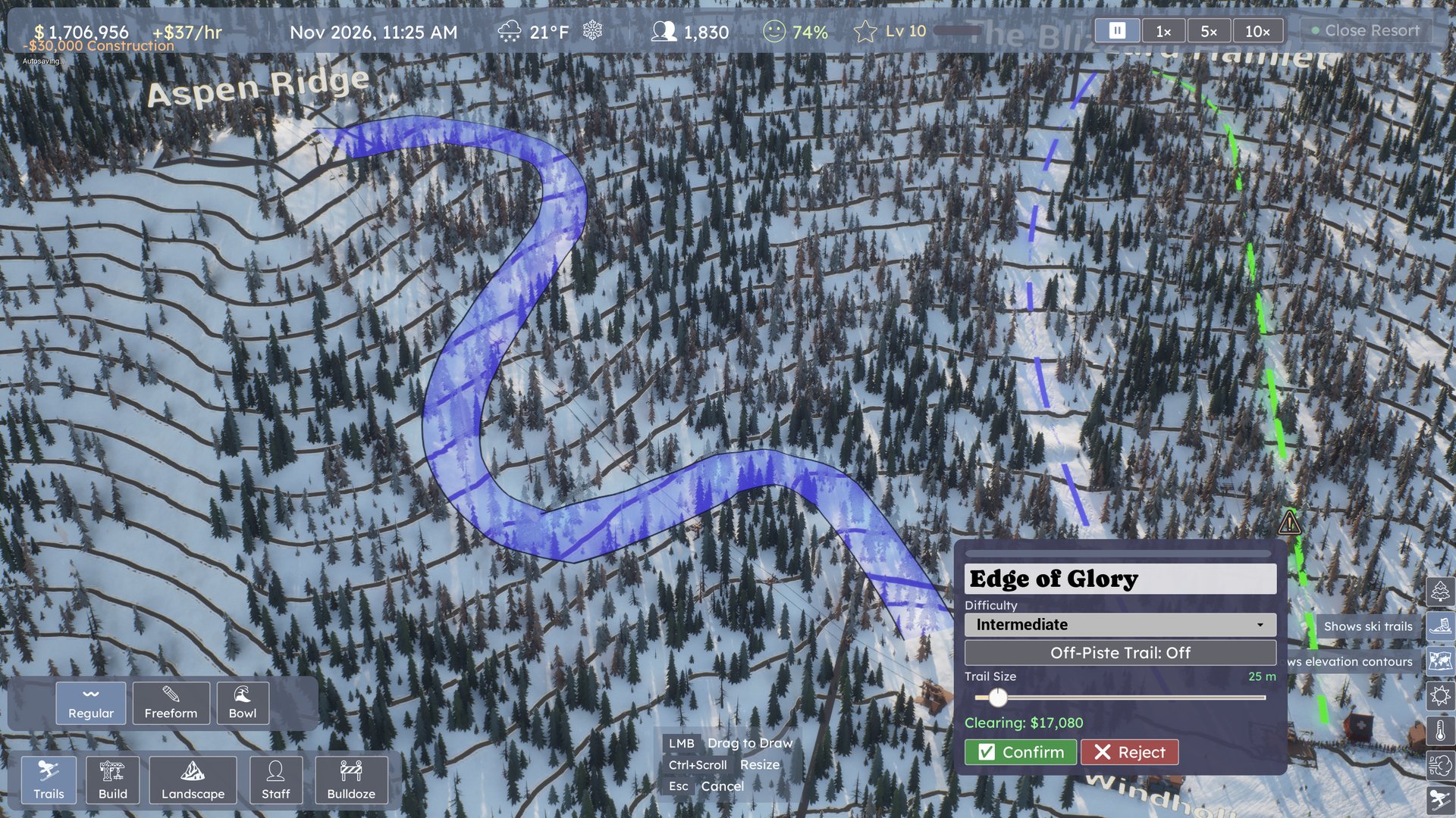 Carving an off-piste run through the trees with the in-game trail tool
