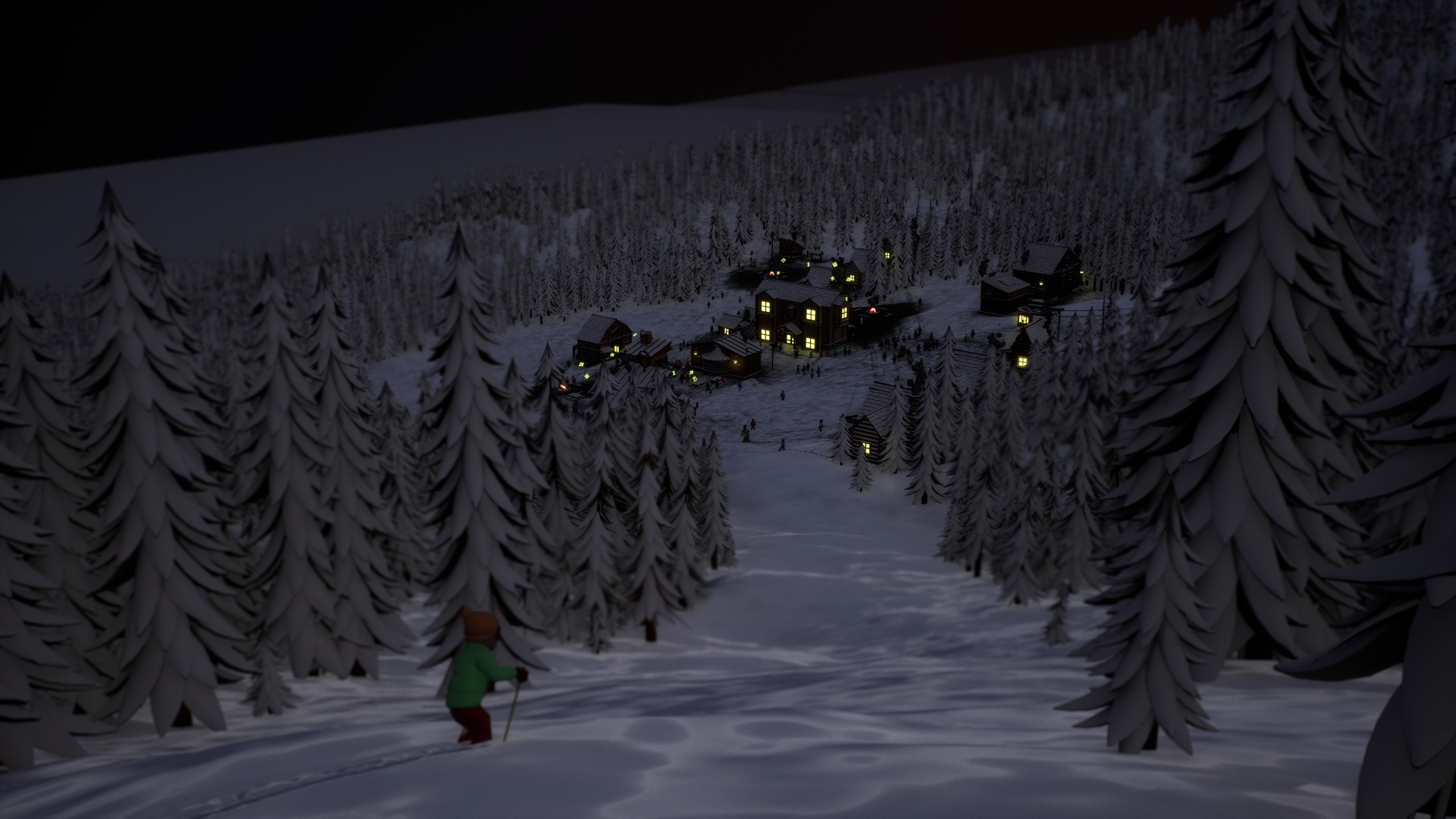 A skier descending a moonlit tree run toward a glowing village